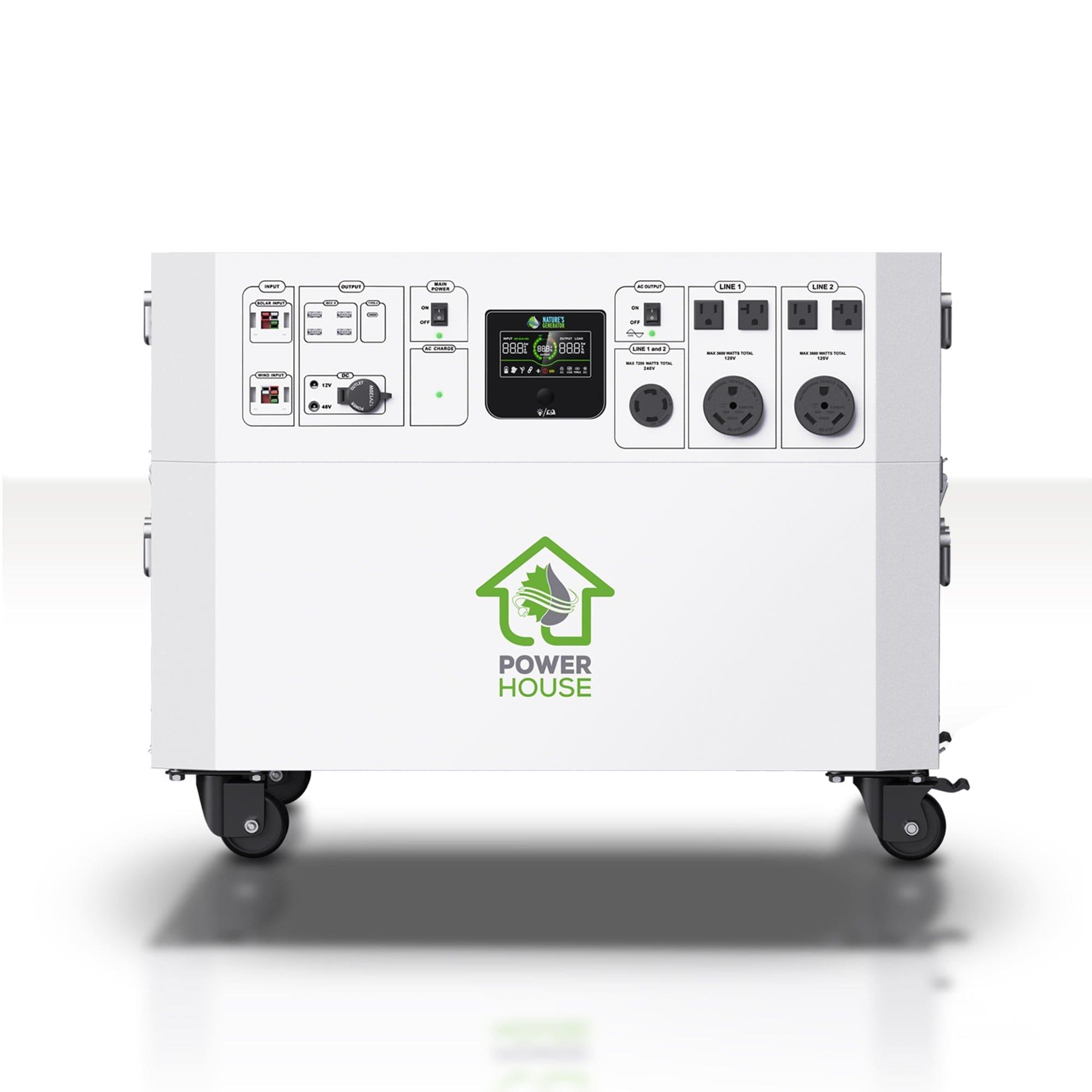 A white portable electric generator by Nature's Generator for home use, on wheels with multiple controls, sockets, digital display, and labeled "Power House" with a green logo—ideal as a reliable home battery backup solution.