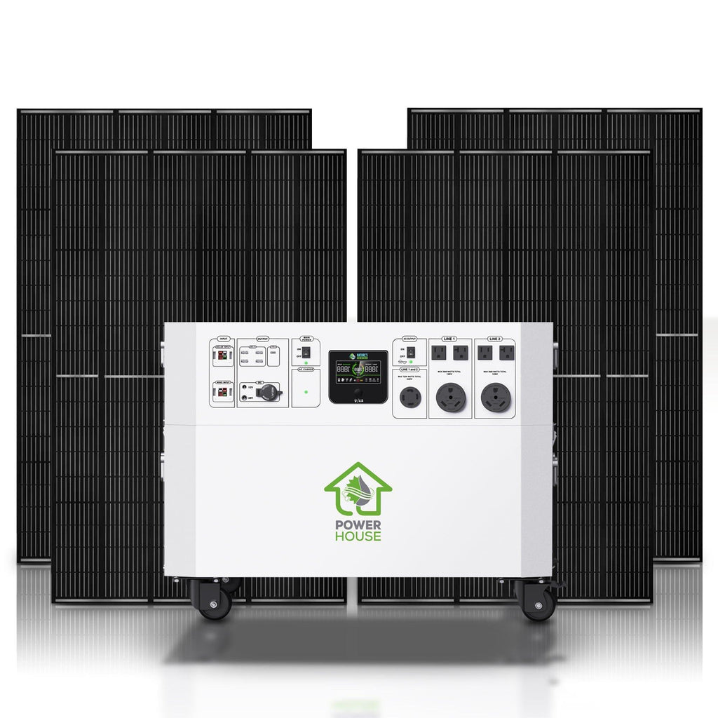 A portable white Nature's Generator power station on wheels stands before large black solar panels, showcasing a reliable home electric generator or battery backup, all set against a plain white background.