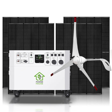A Nature's Generator portable electric generator with wind turbine attachment is positioned before two large solar panels. It features multiple control panels and outlets, labeled "POWER HOUSE" with a green logo.