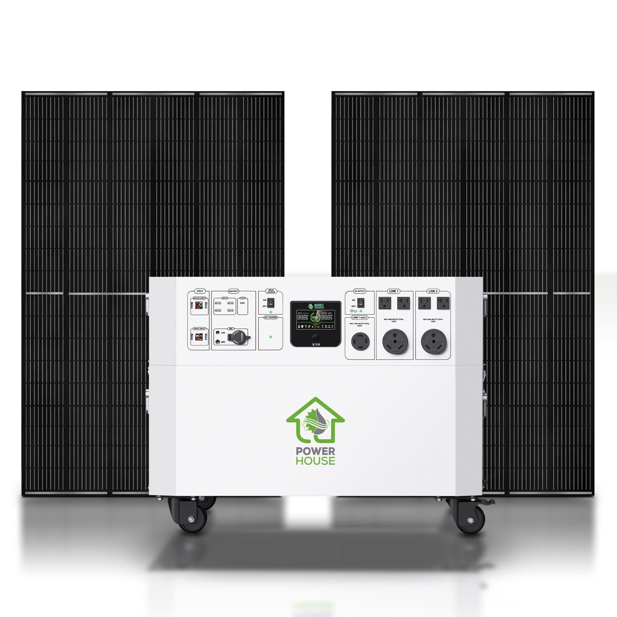A Nature's Generator portable power station on wheels, perfect for home battery backup, sits before two large black solar panels. The unit has multiple outlets, control buttons, a digital display, and a "Nature's Generator" logo on the front.