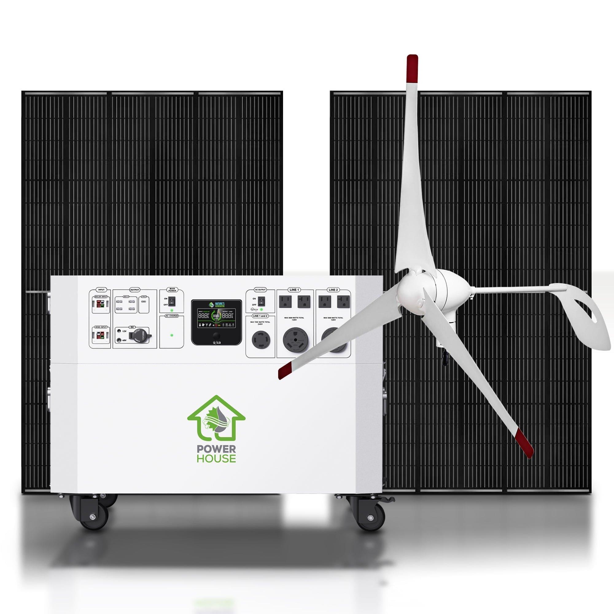 A white portable electric generator for home use by Nature's Generator features attached solar panels and a wind turbine on wheels, making it ideal as a whole house generator—displayed against a plain white background.