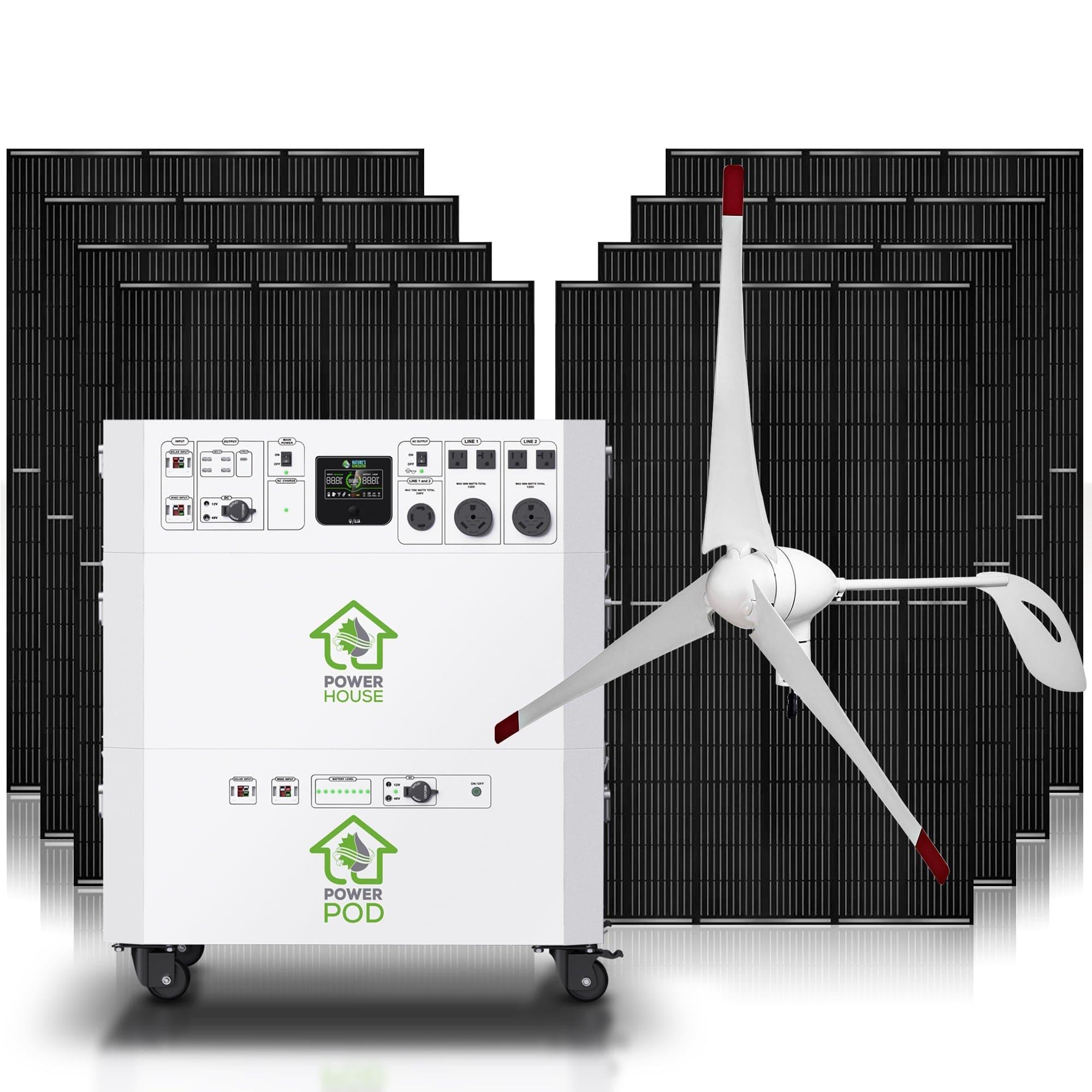 A Nature's Generator portable power unit—perfect for home use—stands before stacked solar panels and a white wind turbine. Its front displays the "Power House" and "Power Pod" logos.