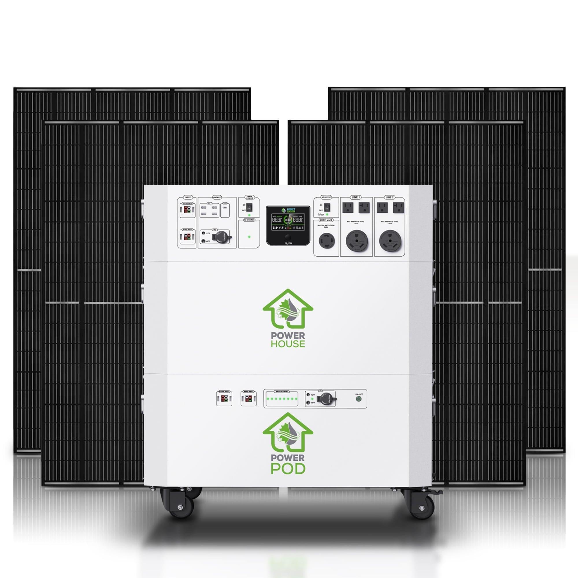 A white home battery backup unit by Nature’s Generator labeled "Power House" and "Power Pod," featuring multiple outlets and switches, is placed in front of several rows of black solar panels.
