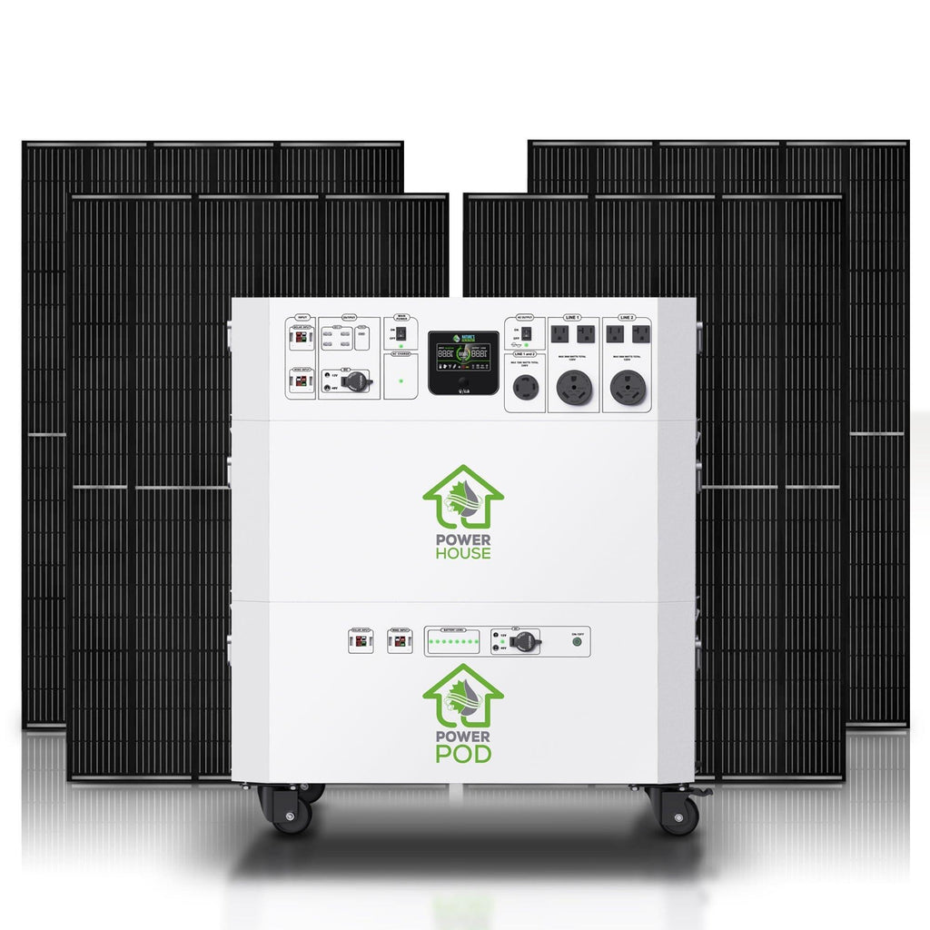 A white Nature's Generator portable power unit stands before large black solar panels, featuring outlets, dials, and digital screens—making it an ideal electric generator or reliable battery backup for your home.