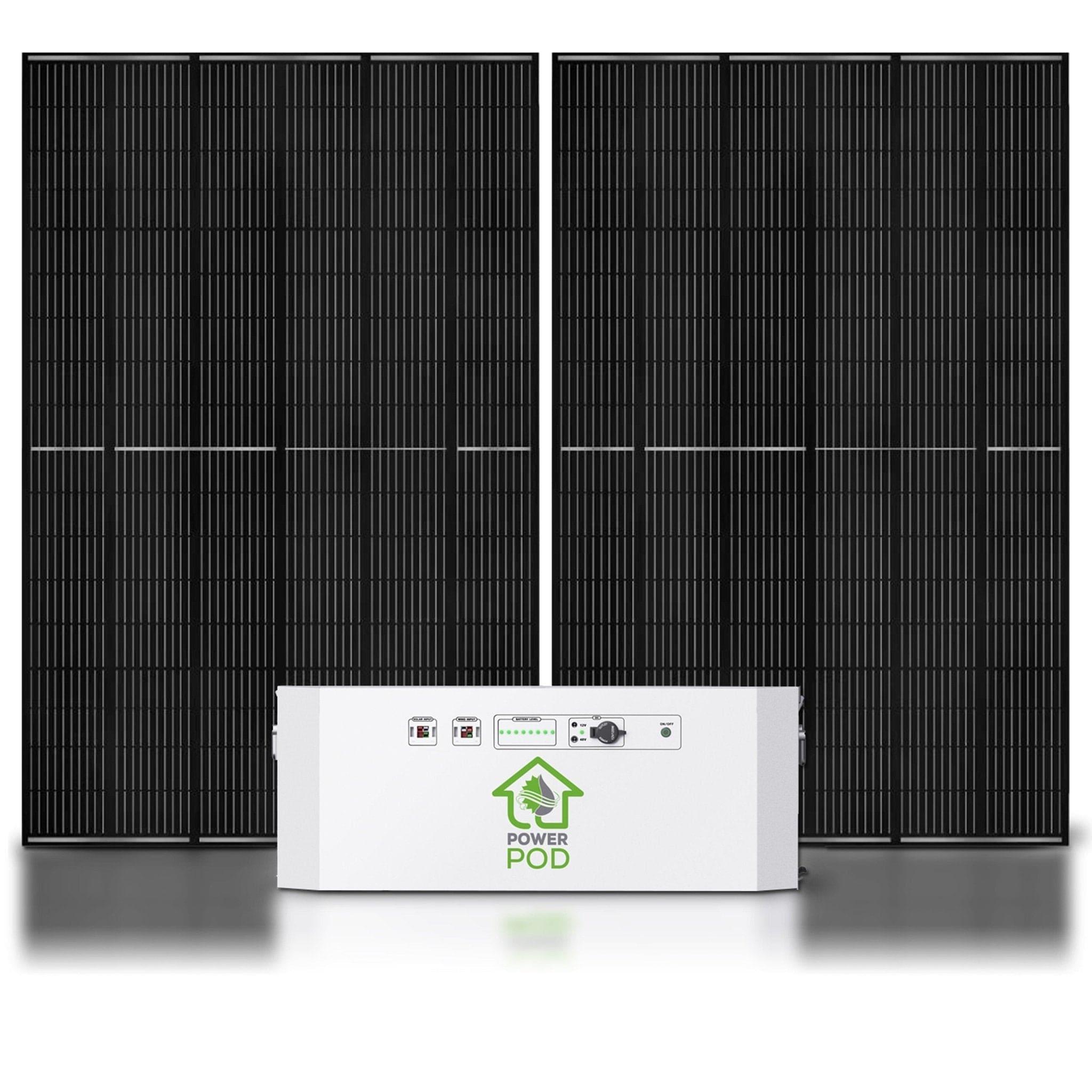 Two large black Nature's Generator solar panels stand upright behind a white rectangular Power Pod by Nature's Generator, which displays ports and controls on its front panel.