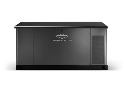 A black Briggs & Stratton commercial standby generator, 30kW, with a flat top and vented right panel is shown on a white background. The central logo is visible, providing code-compliant backup power for your needs.