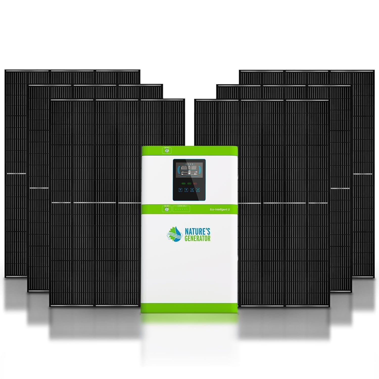 A large, rectangular Nature's Generator Powerhouse stands before ten tall black solar panels in two rows; this advanced solar power system features green accents and prominently displays the Nature's Generator brand on its white front.