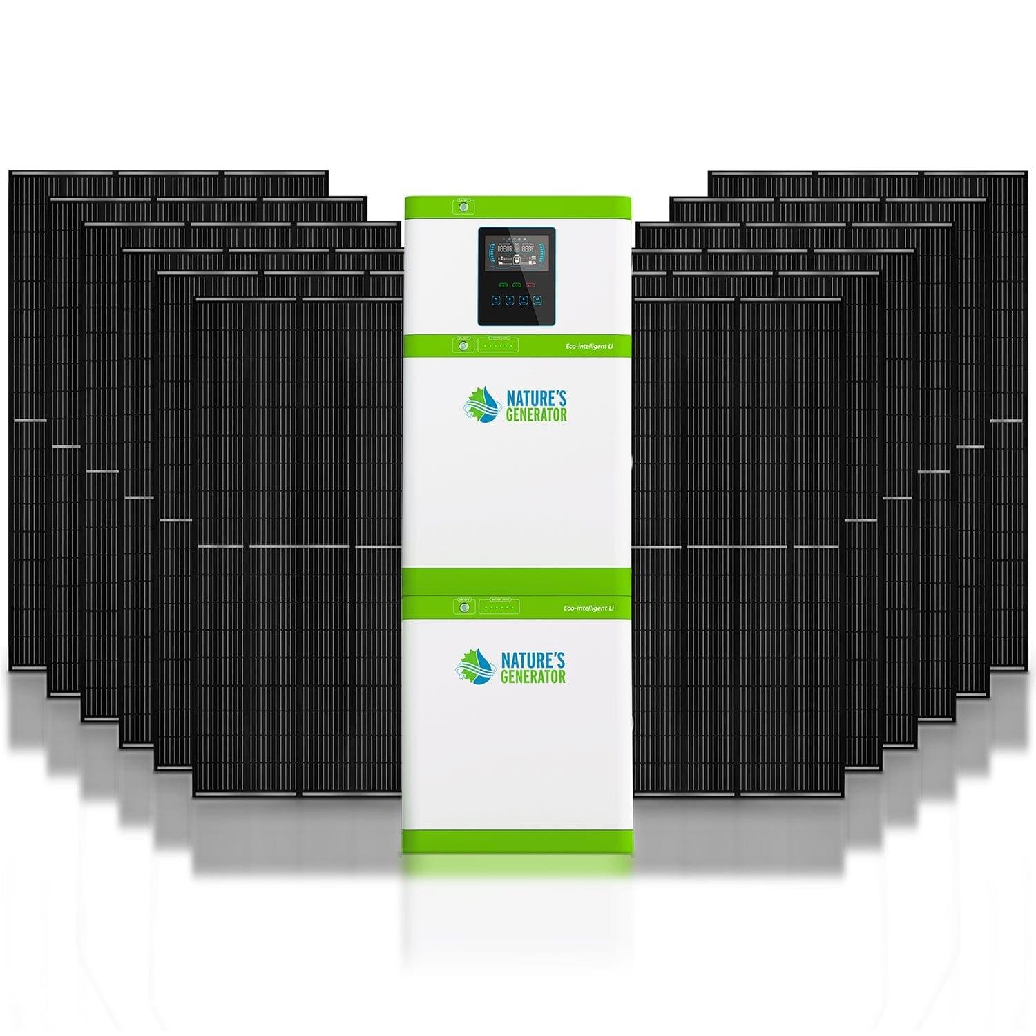 A large white and green Nature's Generator unit stands before several rectangular black solar panels arranged in a semi-circle, harnessing energy with reliable LiFePO4 batteries.