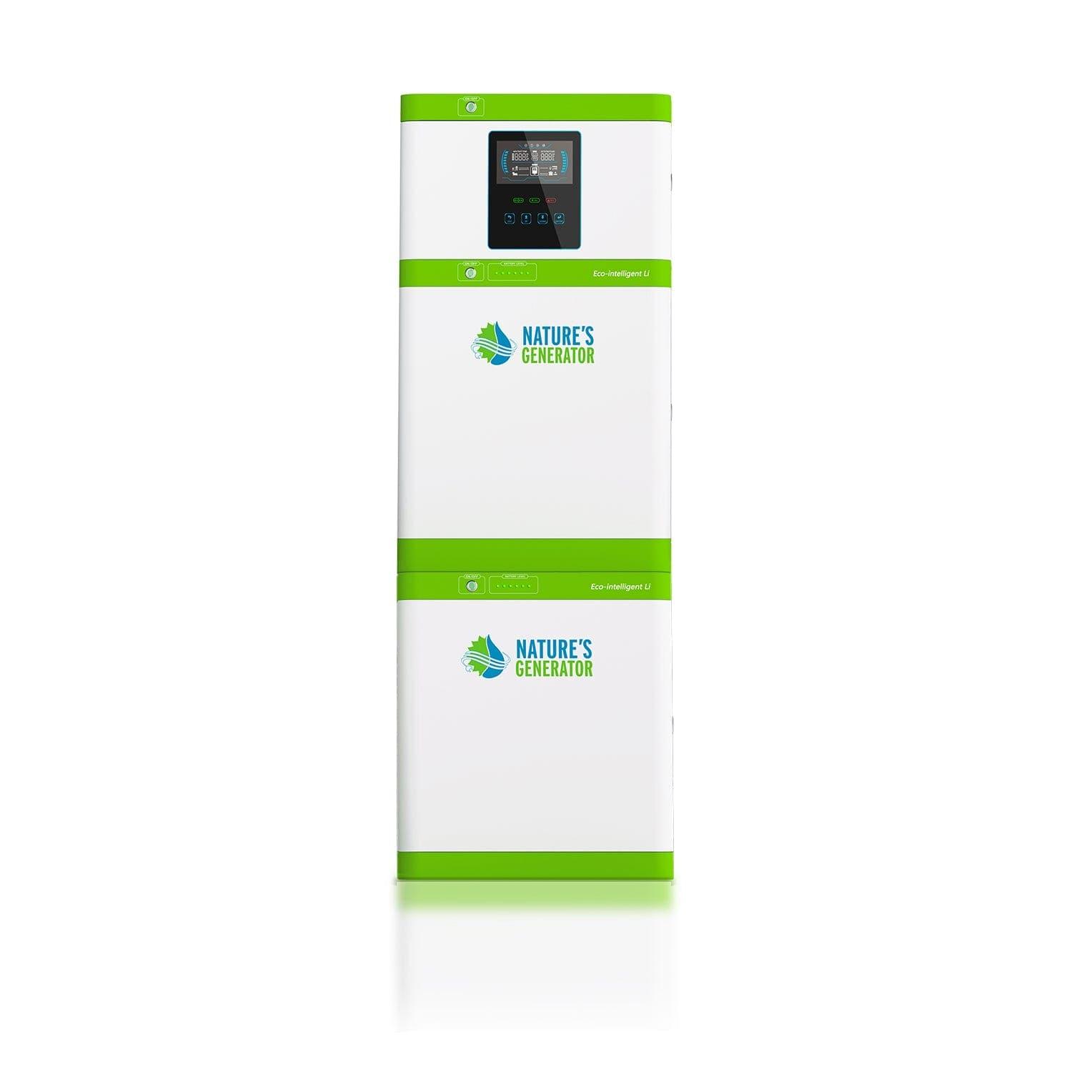 A tall, rectangular white and green device from Nature's Generator with a top digital display and pure sine wave technology—ideal as a home power backup—displayed against a plain white background.
