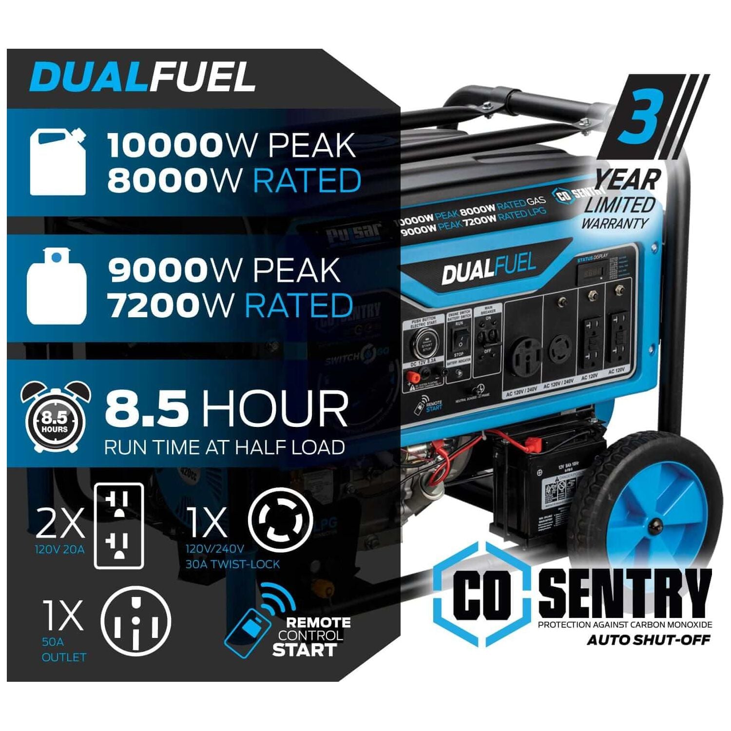 Pulsar Dual-Fuel Generator Pulsar PG10000BRCO 10,000 Watt Dual Fuel Generator with Recoil, Remote, Push Button Start & CO Alert