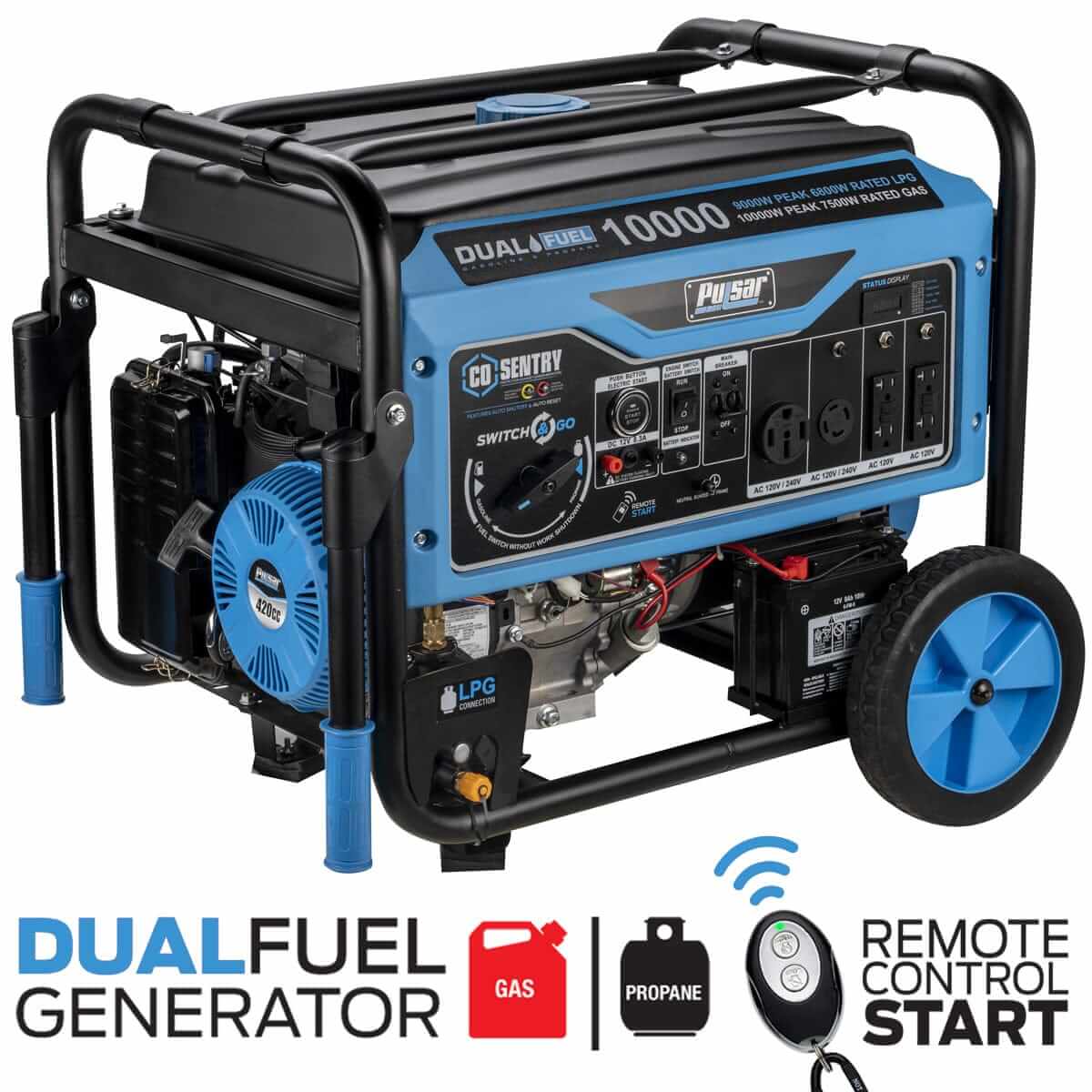 Pulsar Dual-Fuel Generator Pulsar PG10000BRCO 10,000 Watt Dual Fuel Generator with Recoil, Remote, Push Button Start & CO Alert