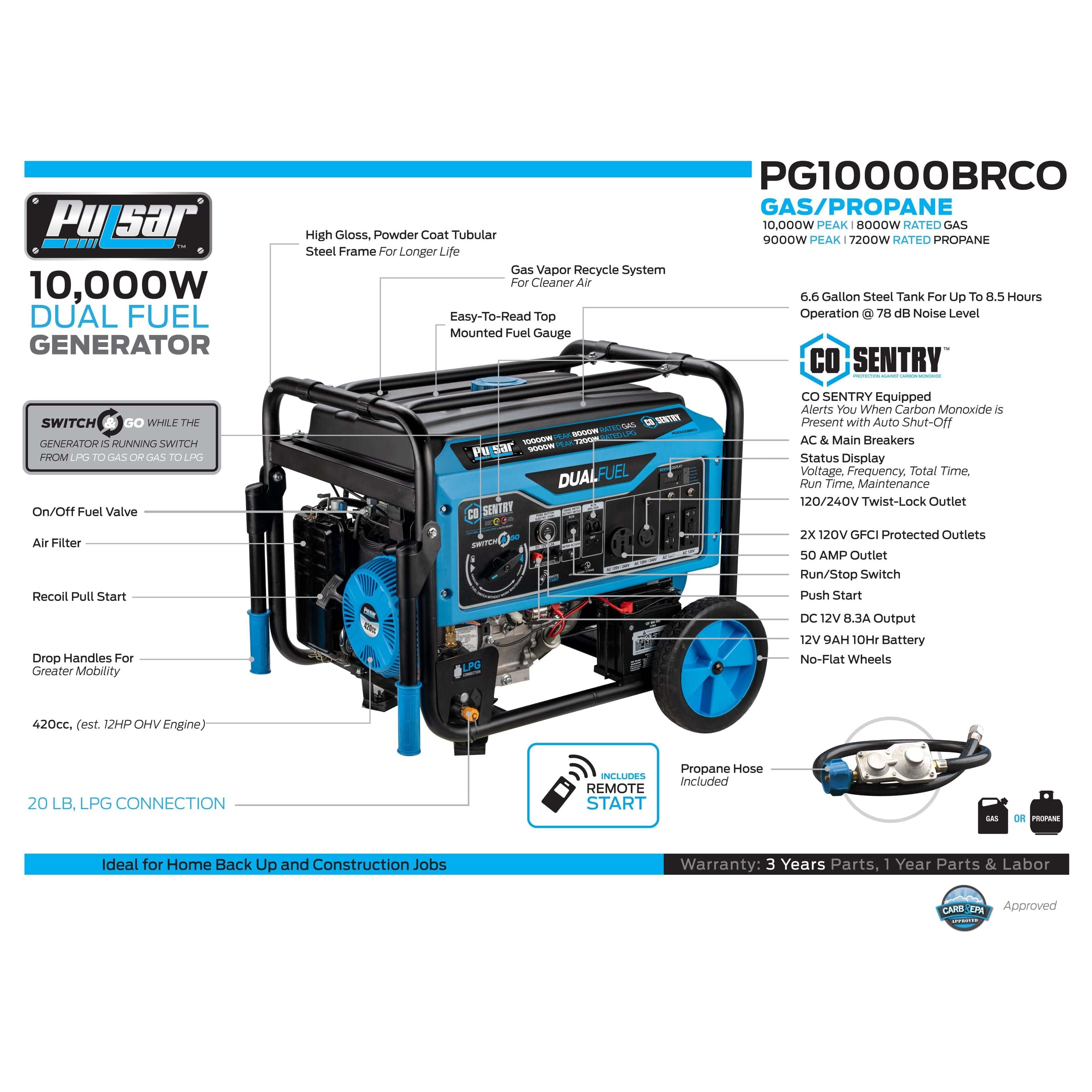 Pulsar Dual-Fuel Generator Pulsar PG10000BRCO 10,000 Watt Dual Fuel Generator with Recoil, Remote, Push Button Start & CO Alert