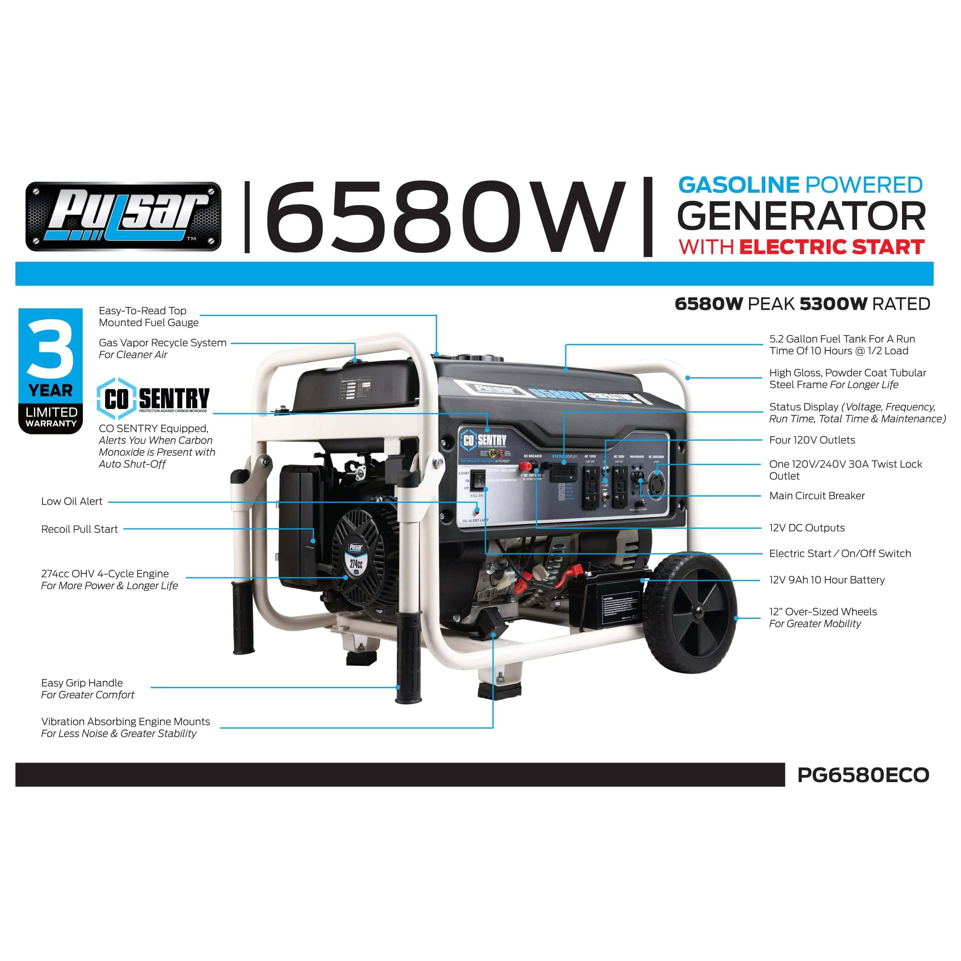 Pulsar Gas Generator Pulsar PG6580ECO 6,580-Watt Gasoline Powered Portable Generator with Electric Start