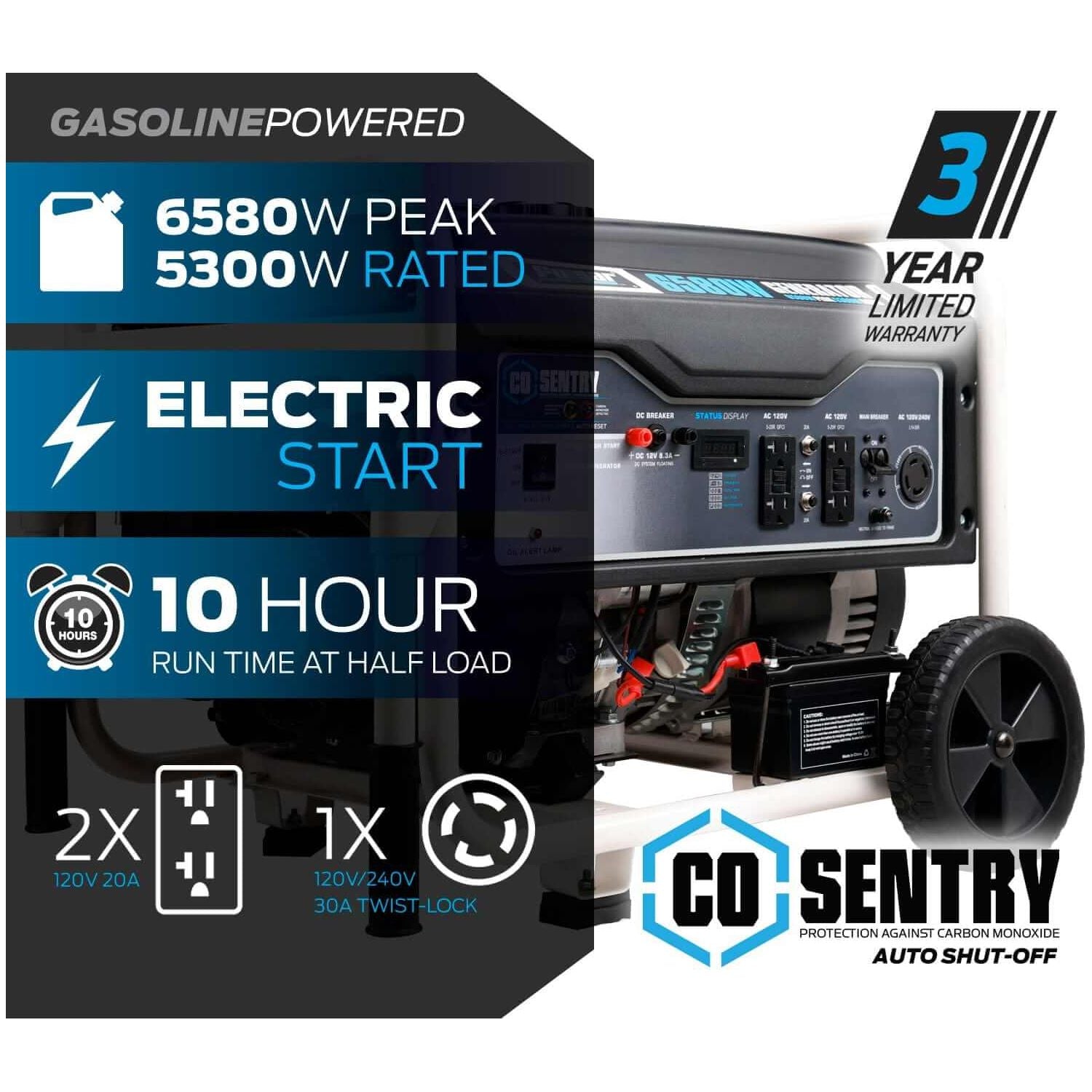 Pulsar Gas Generator Pulsar PG6580ECO 6,580-Watt Gasoline Powered Portable Generator with Electric Start