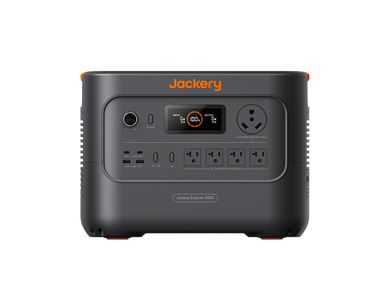 A black Jackery portable power station with the brand name in orange on top features four AC outlets, two USB ports, and a circular LED display for battery status. Designed for seamless integration with a solar charging system, it offers a reliable energy solution.