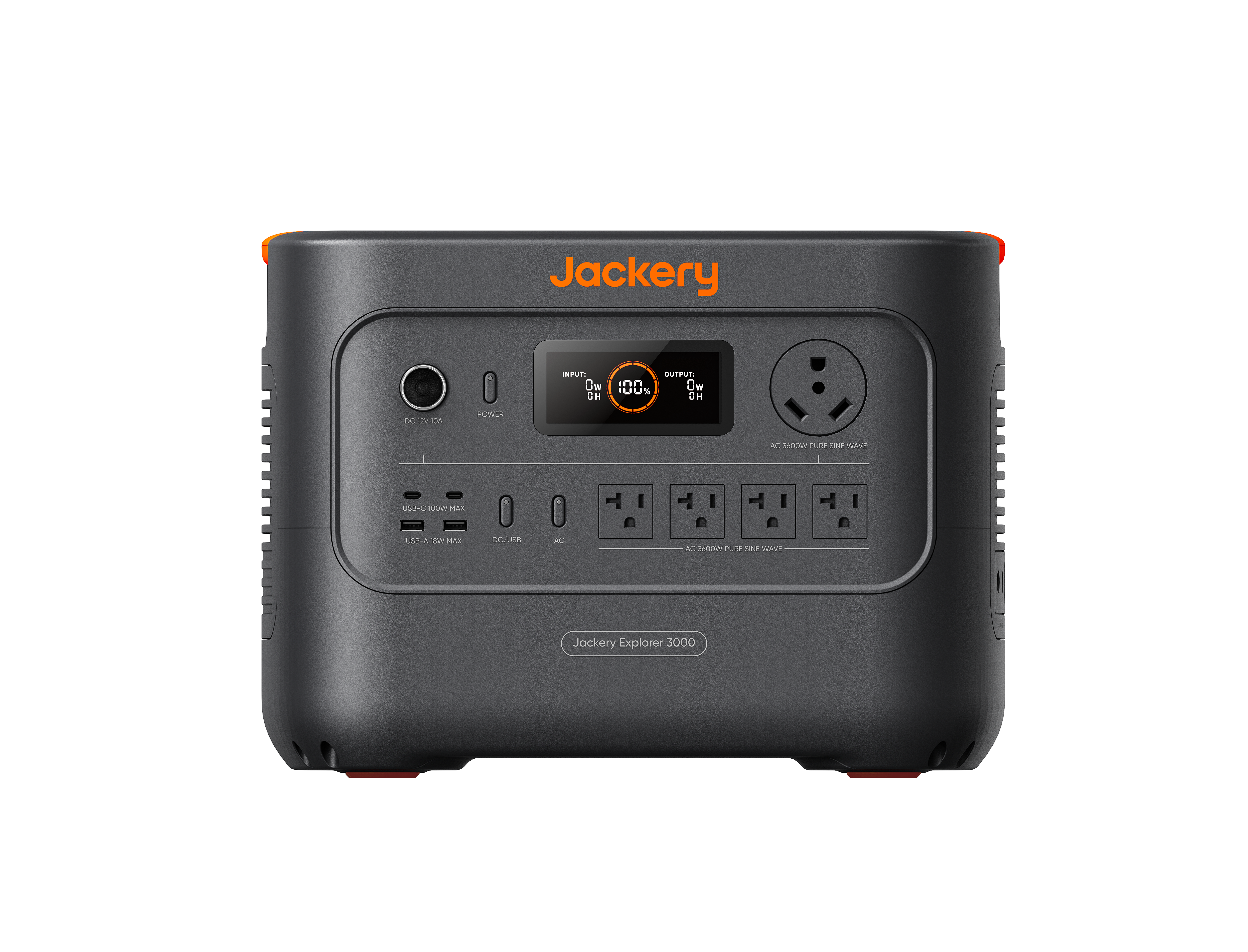 A black Jackery portable power station with the brand name in orange on top features four AC outlets, two USB ports, and a circular LED display for battery status. Designed for seamless integration with a solar charging system, it offers a reliable energy solution.