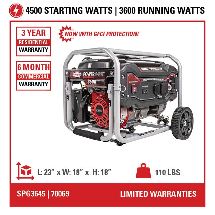 Simpson Gas Generator Simpson PowerShot 3600W Portable Generator SPG3645 Limited Warranty