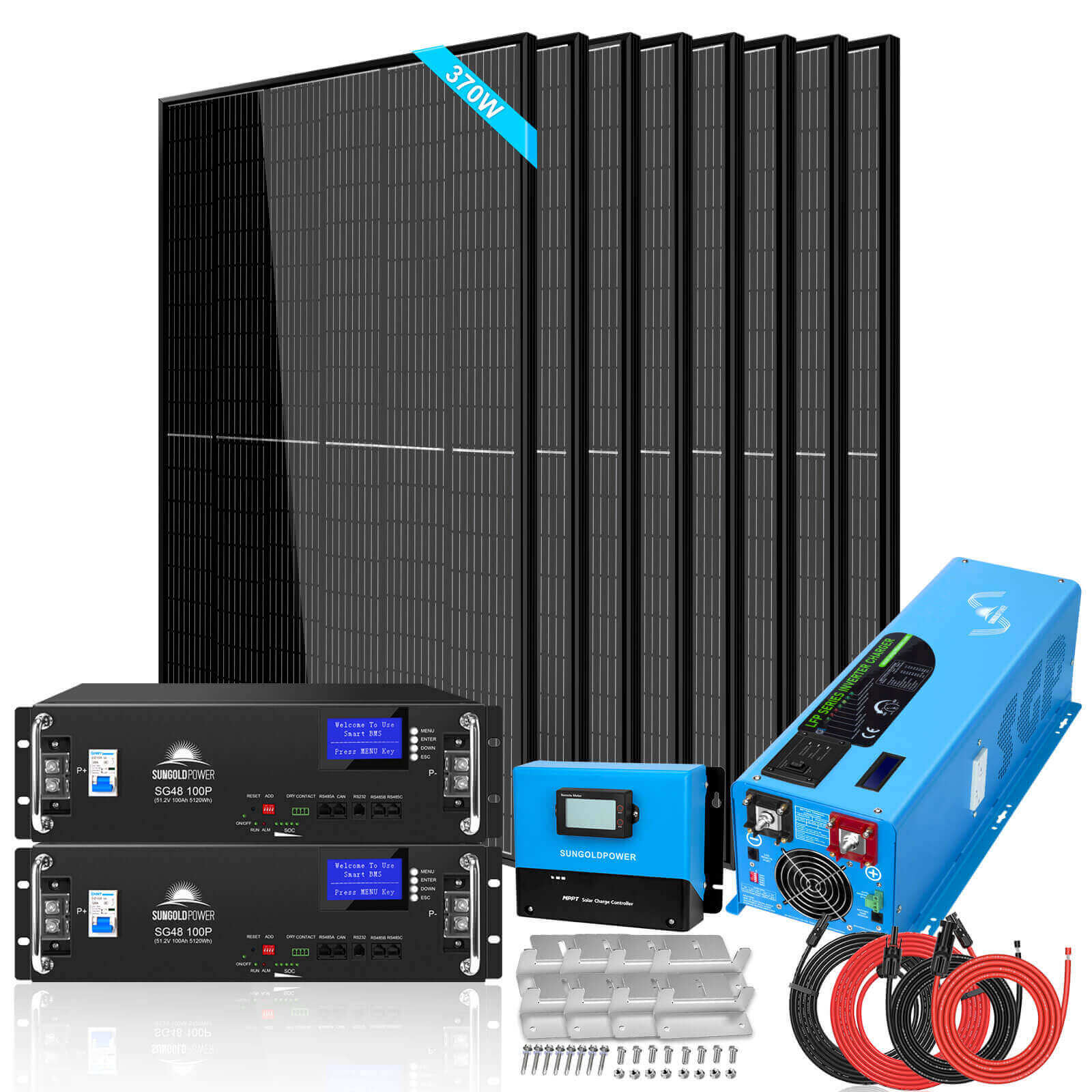 The SunGold Power off-grid solar kit includes six solar panels, two black lithium batteries, a blue charge controller, a blue inverter, mounting brackets, and red and black connecting cables.