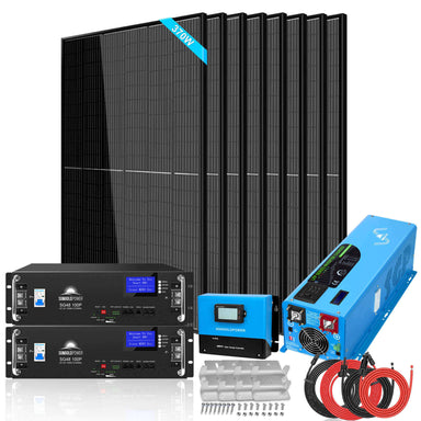 The SunGold Power off-grid solar kit includes six solar panels, two black lithium batteries, a blue charge controller, a blue inverter, mounting brackets, and red and black connecting cables.