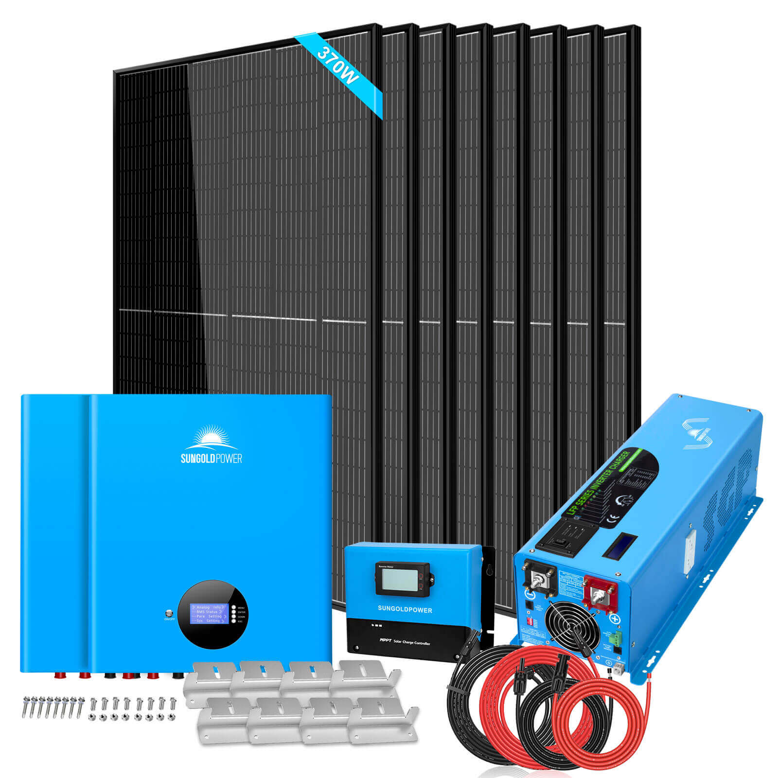 The SunGold Power off-grid solar kit includes eight black panels, a blue 6000W inverter, a blue charge controller, cables, connectors, and mounting hardware—all displayed on a white background.