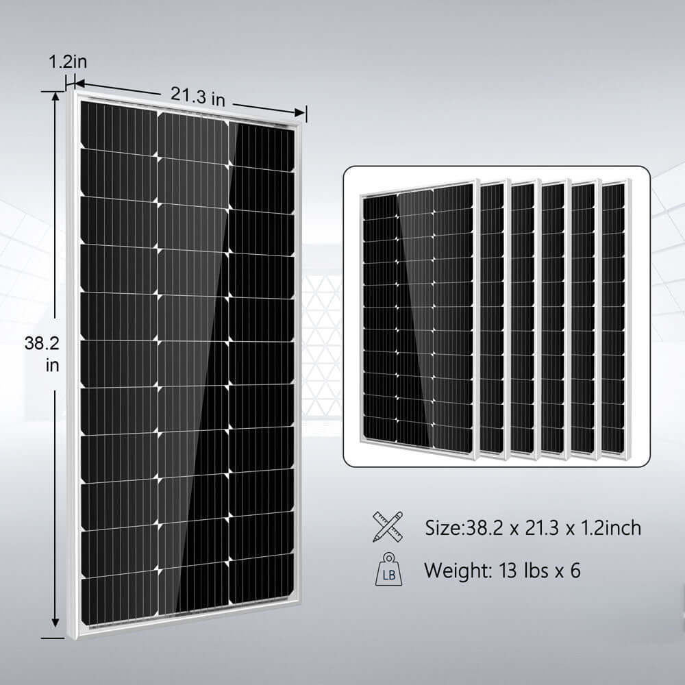 A set of six SunGold Power rectangular solar panels is shown—each measuring 38.2 x 21.3 x 1.2 inches and weighing 13 lbs—ideal for off-grid kits, with a close-up of one panel and size specifications displayed.