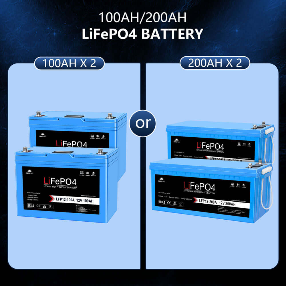 A comparison chart shows two blue SunGold Power LiFePO4 batteries: left side—two 12V 100AH; right side—two 12V 200AH. Ideal for off-grid solar kits or use with a 3000W inverter. Header text: "100AH/200AH LiFePO4 BATTERY.