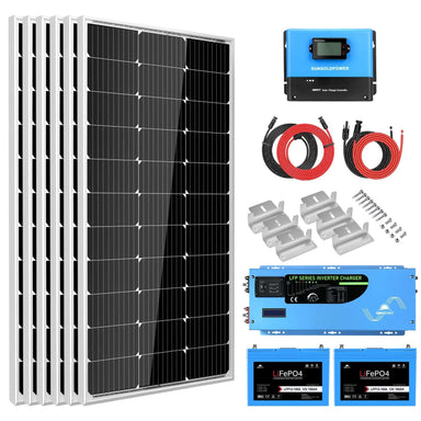 The SunGold Power off grid solar kit includes six solar panels, a charge controller, two LiFePO4 batteries, a 3000W inverter charger, mounting brackets with screws, and red and black cables—all arranged neatly on a white background.