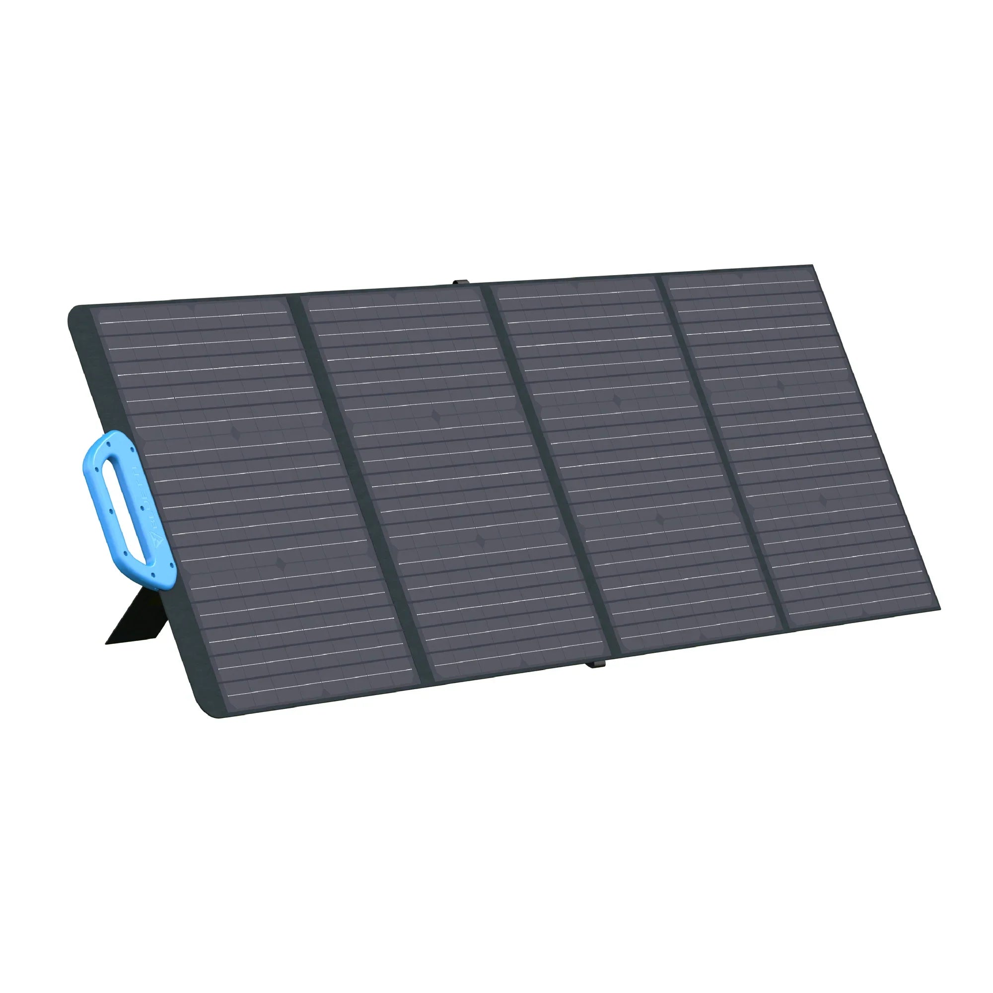 The Bluetti portable solar panel has four black monocrystalline photovoltaic sections with a blue handle on the left. Designed for off-grid power, it's propped at an angle by its built-in stand.