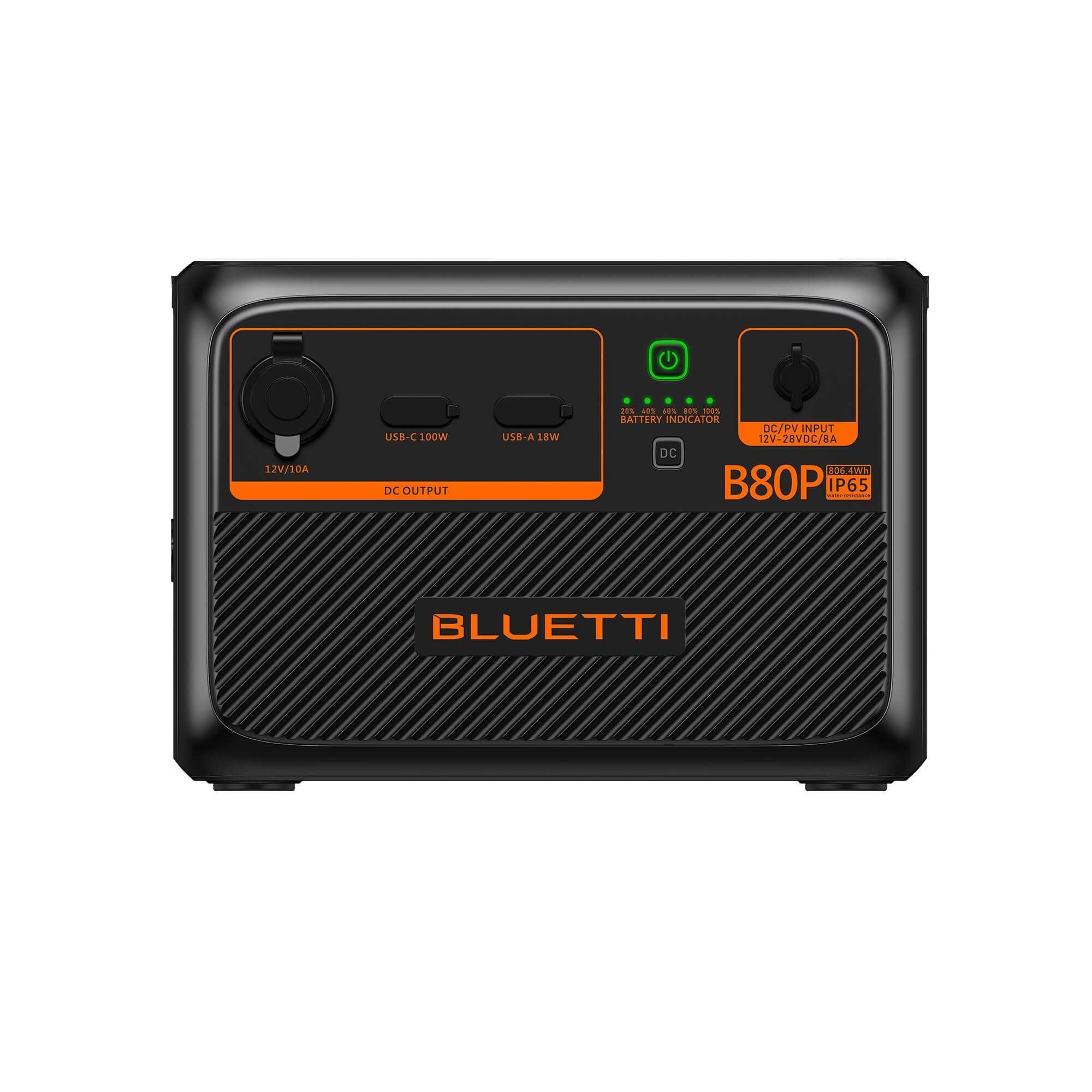 The Bluetti B80P is a black and orange eco-friendly power station with DC output, USB ports, indicator lights, and an IP65 label. Its textured lower half features the Bluetti logo, making it ideal for enhancing your renewable energy system.
