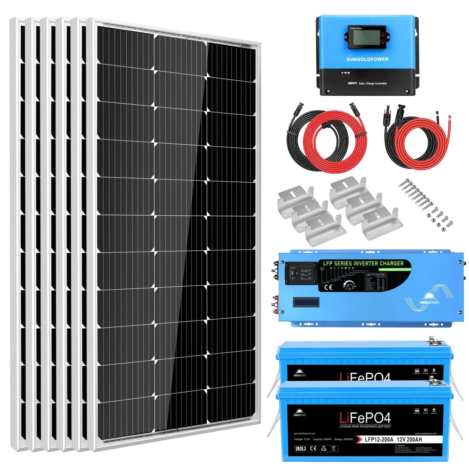 The SunGold Power off-grid solar kit includes six solar panels, a charge controller, two blue LiFePO4 batteries, a 3000W inverter charger, cables, mounting brackets, and screws—all displayed on a white background.