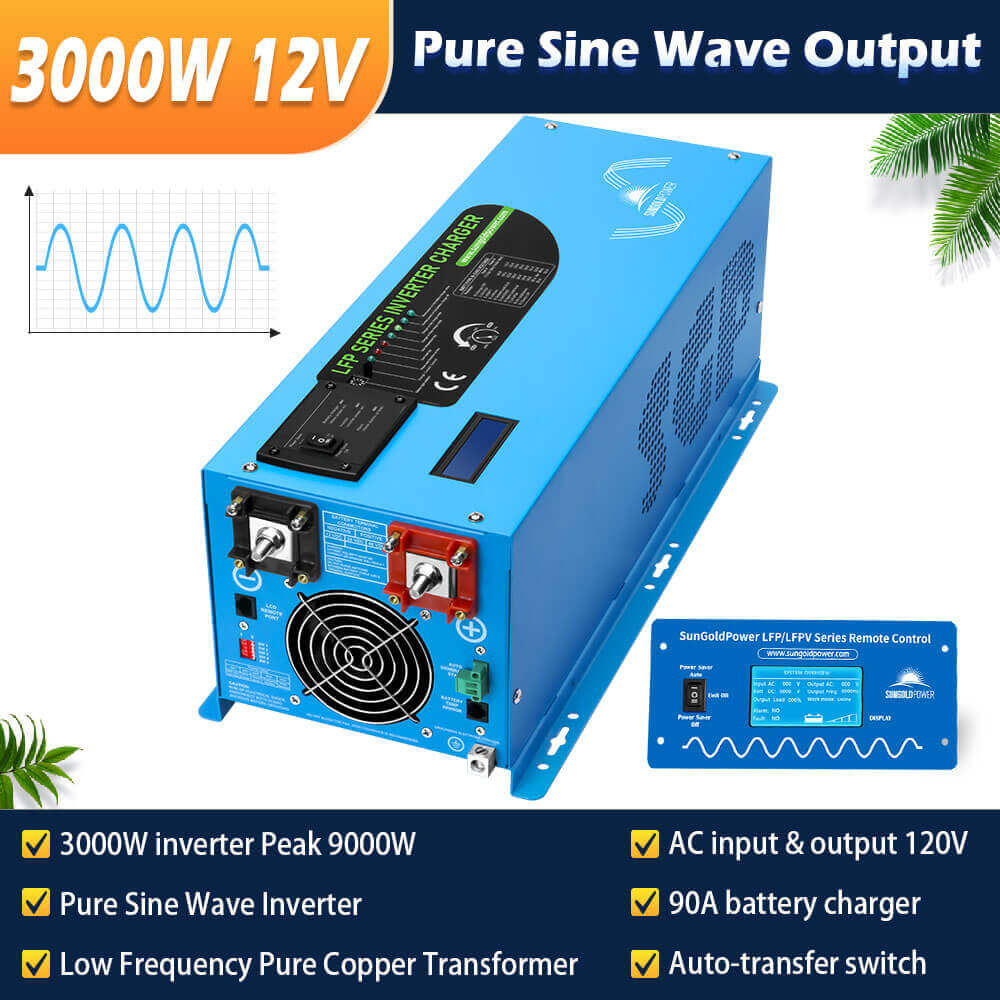 The SunGold Power blue 3000W inverter has labeled ports, a cooling fan, and a remote panel. It offers a 9000W peak, 90A charger, copper transformer, auto-transfer switch—ideal for LiFePO4 batteries or off-grid solar kits.