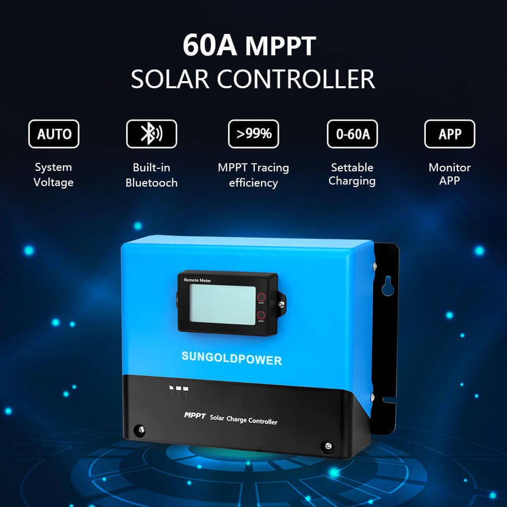 A blue and black SunGold Power 60A MPPT solar charge controller with display—perfect for off-grid solar kits—features auto voltage, Bluetooth, app monitoring, over 99% efficiency, and 0-60A charging.
