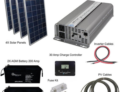 Image showing components of the AIMS Power 480 Watt 24V off-grid solar kit: 4 solar panels, 2500W inverter, inverter cables, two 200Ah batteries, charge controller, fuse kit, and PV cables—ideal for RV solar systems.