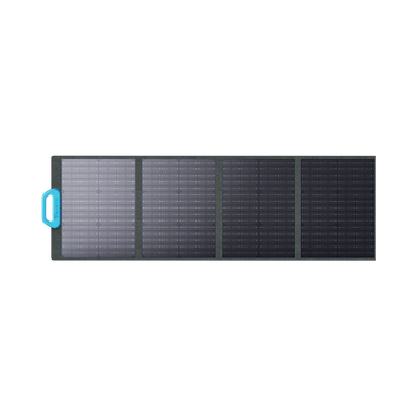 The Bluetti portable solar panel features four monocrystalline rectangular sections in a row, designed for optimal off-grid power. It includes an easy-carry blue handle on the left side.
