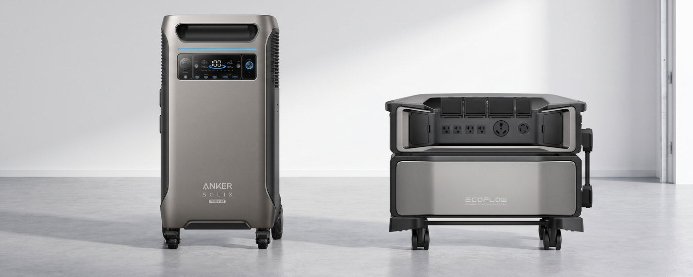 Anker SOLIX F3800 Plus and EcoFlow DELTA Pro Ultra home backup systems side by side in a garage