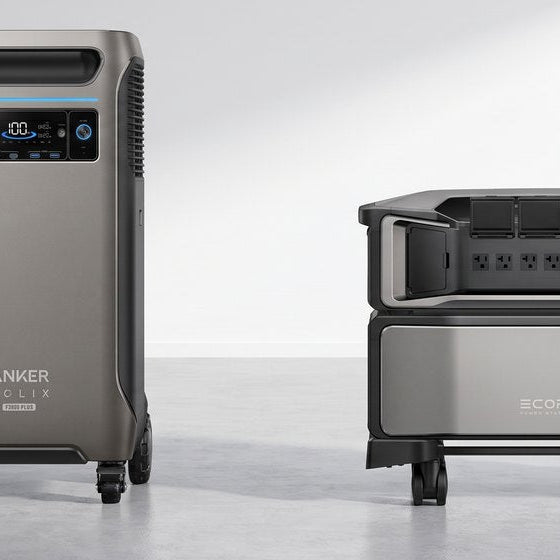 Anker SOLIX F3800 Plus and EcoFlow DELTA Pro Ultra home backup systems side by side in a garage