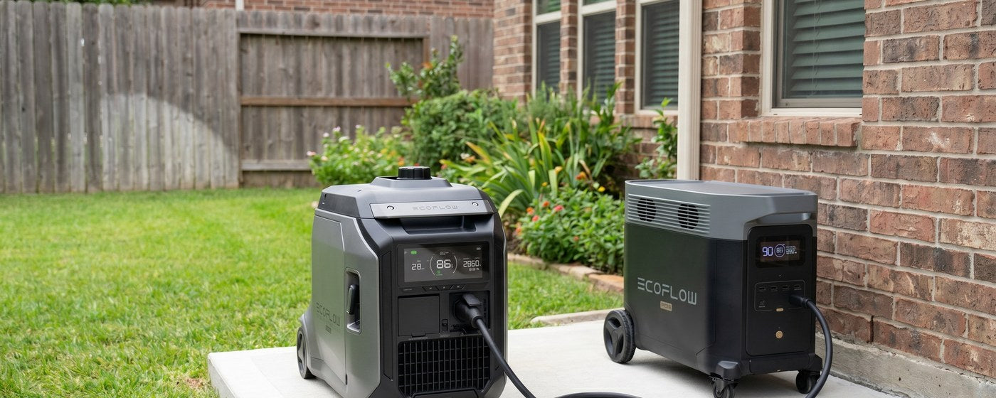 EcoFlow Smart Generator 4000 dual fuel generator outdoors connected to Delta Pro