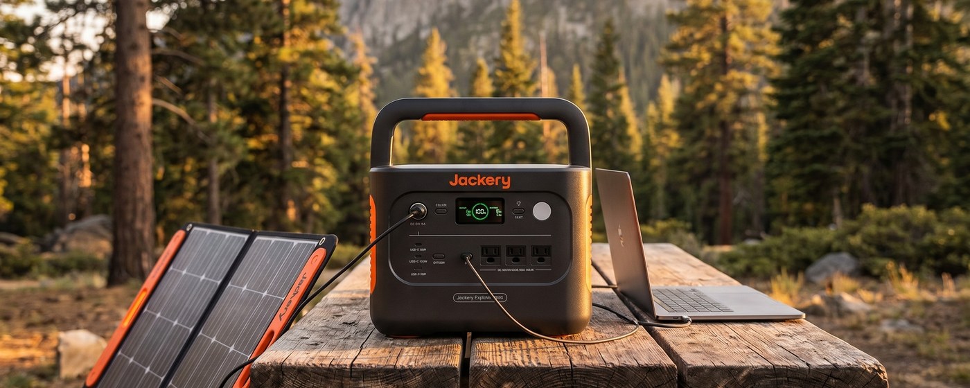 Jackery Explorer 1000 V2 portable power station at campsite with laptop and solar panel connected