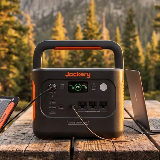 Jackery Explorer 1000 V2 portable power station at campsite with laptop and solar panel connected