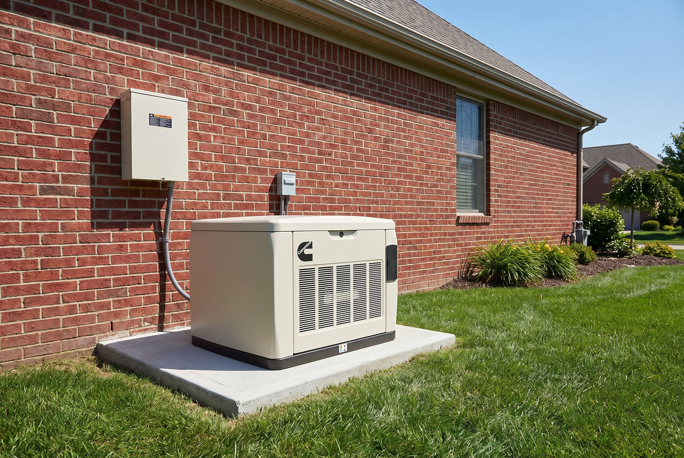 Home standby generator installed beside a house on a concrete pad