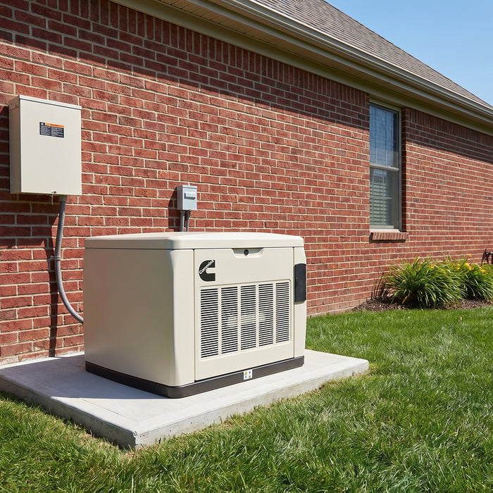 Home standby generator installed beside a house on a concrete pad