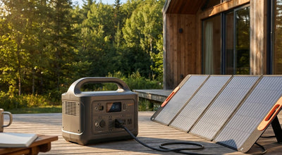 Portable solar generator connected to a foldable solar panel on a cabin deck at golden hour