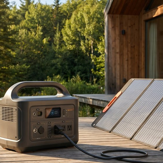 Portable solar generator connected to a foldable solar panel on a cabin deck at golden hour