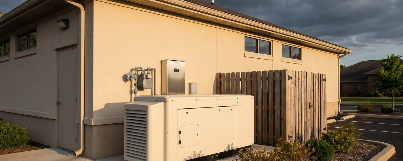 Low horizontal beige commercial standby generator installed on a concrete pad behind a small suburban medical office with proper NFPA setback, landscape screening, and an automatic transfer switch mounted on the building wall