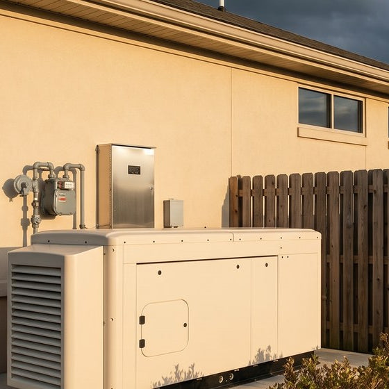 Low horizontal beige commercial standby generator installed on a concrete pad behind a small suburban medical office with proper NFPA setback, landscape screening, and an automatic transfer switch mounted on the building wall