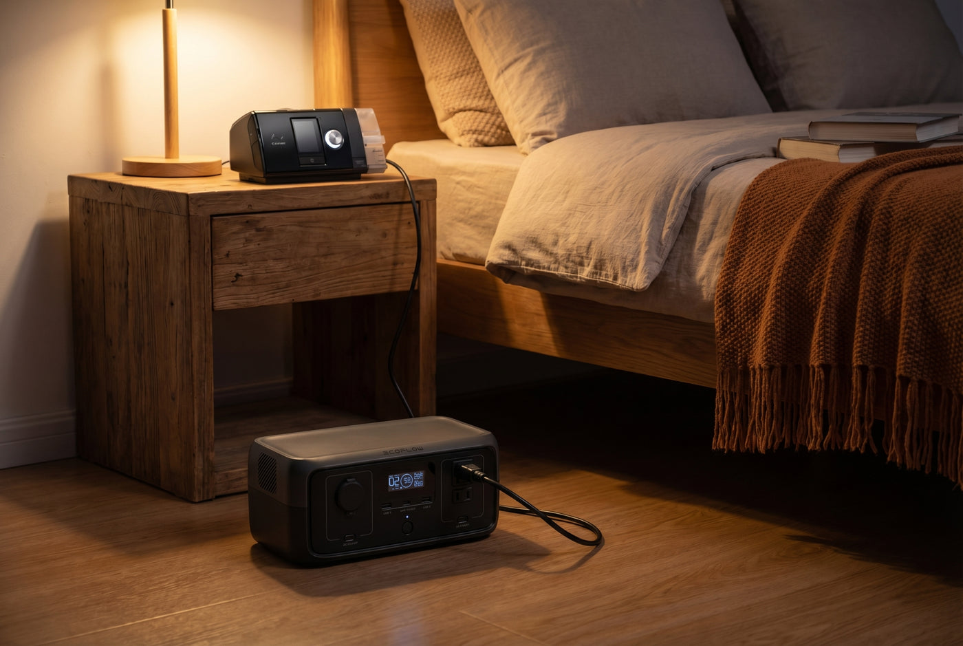 Portable power station on floor powering a CPAP machine on the nightstand