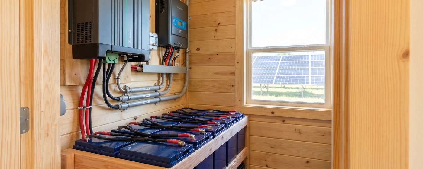 A bank of lithium batteries wired to an inverter in a clean off-grid power closet with solar panels outside