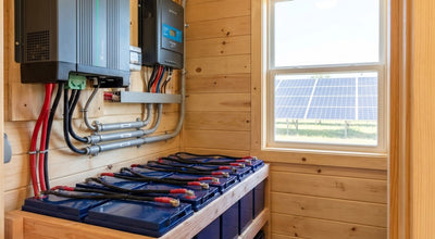 A bank of lithium batteries wired to an inverter in a clean off-grid power closet with solar panels outside