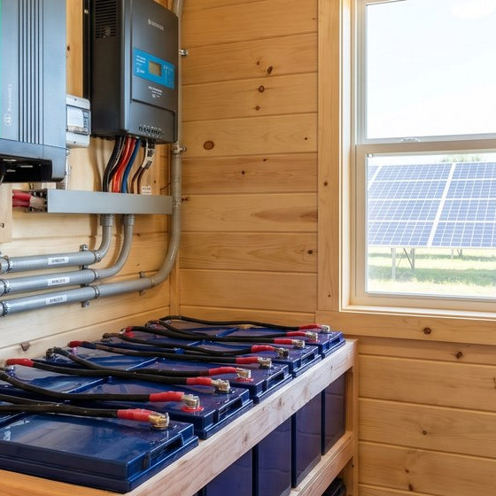 A bank of lithium batteries wired to an inverter in a clean off-grid power closet with solar panels outside