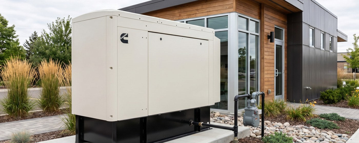 Cummins commercial natural gas standby generator on a concrete pad beside a small business with a natural gas line
